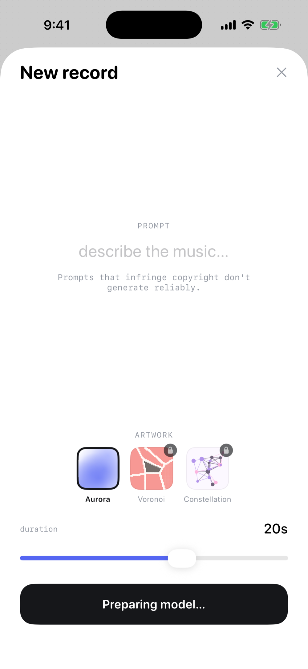 New record screen: a text prompt and three cover-art styles