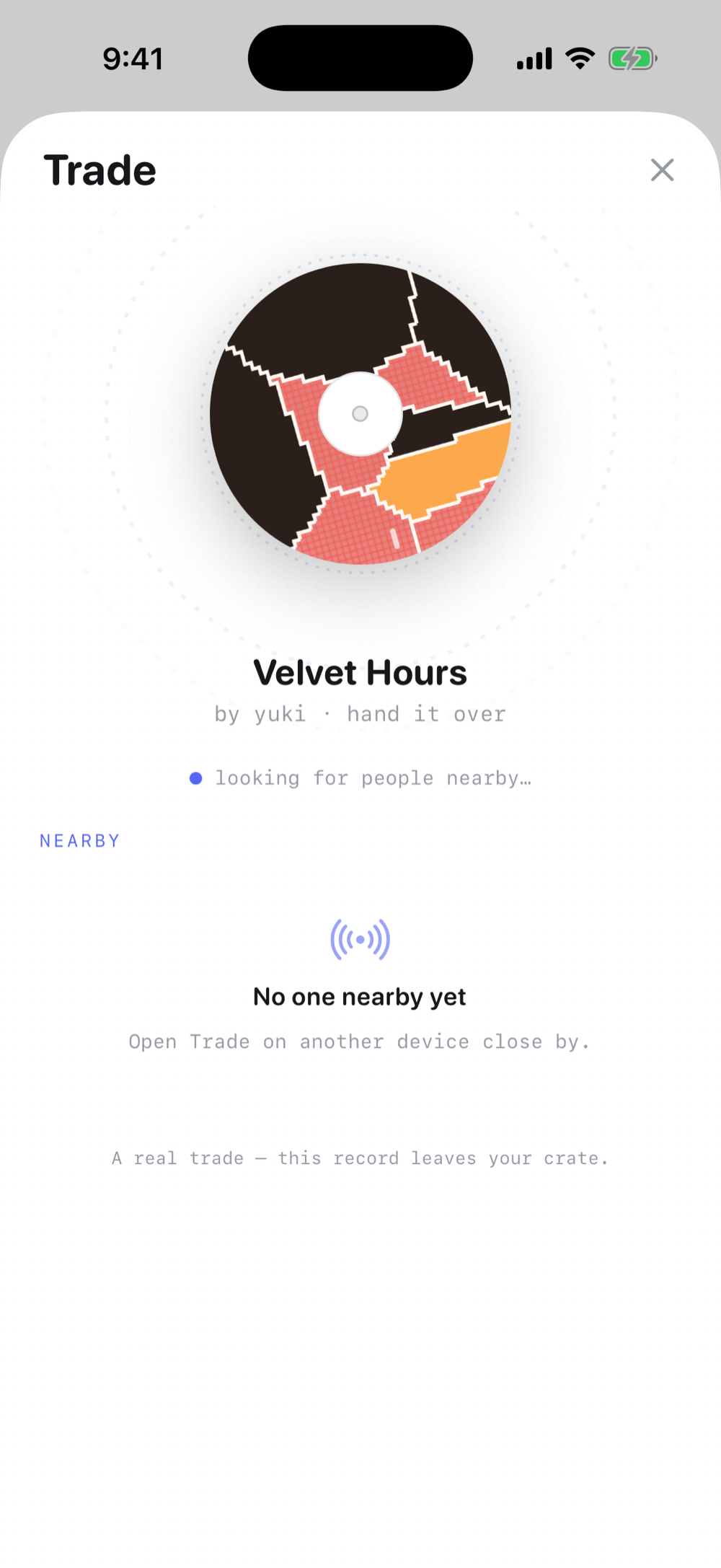 Trade screen: handing a record to someone nearby